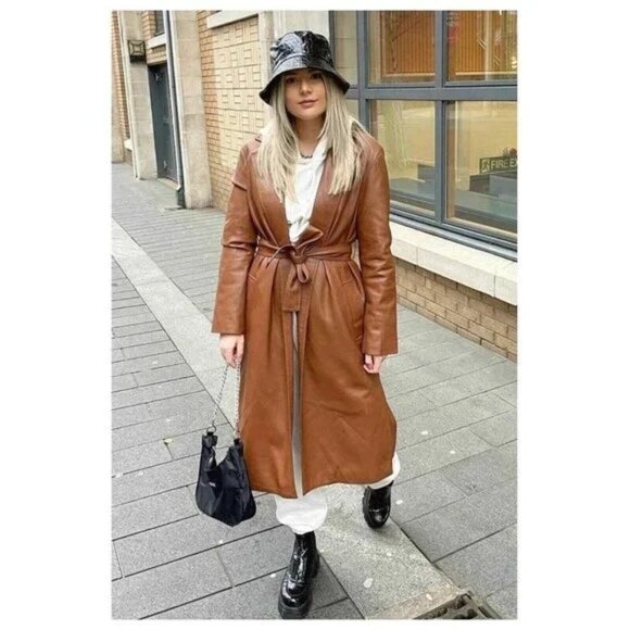 ZARA Brown Faux Leather Belted Long Trench Coat Sz M - Picture 2 of 14